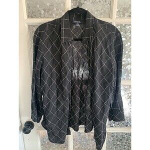 Jones New York Linen Shirt Tunic XL Button Up Black White 3/4 Sleeve